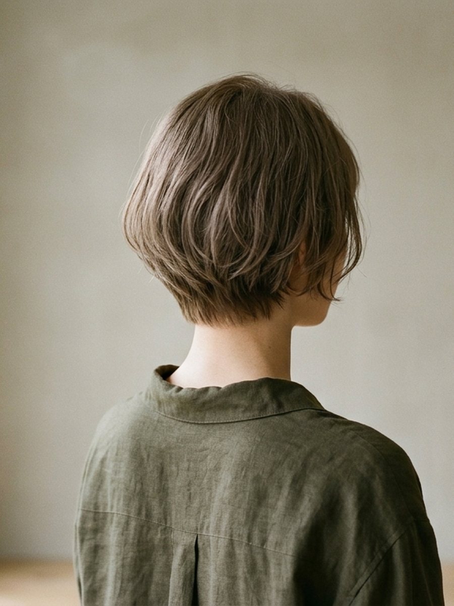 ショートヘアの仕上がり例。えり足を短く落とした、動きのあるショートボブ